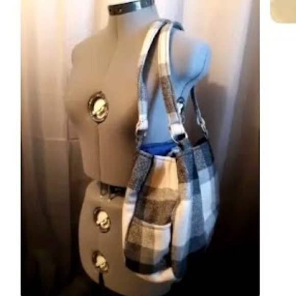 Classic Plaid Wool Handbag Purse Shoulder bag Satchel Gray Black Ivory Blue Med - Picture 2 of 8